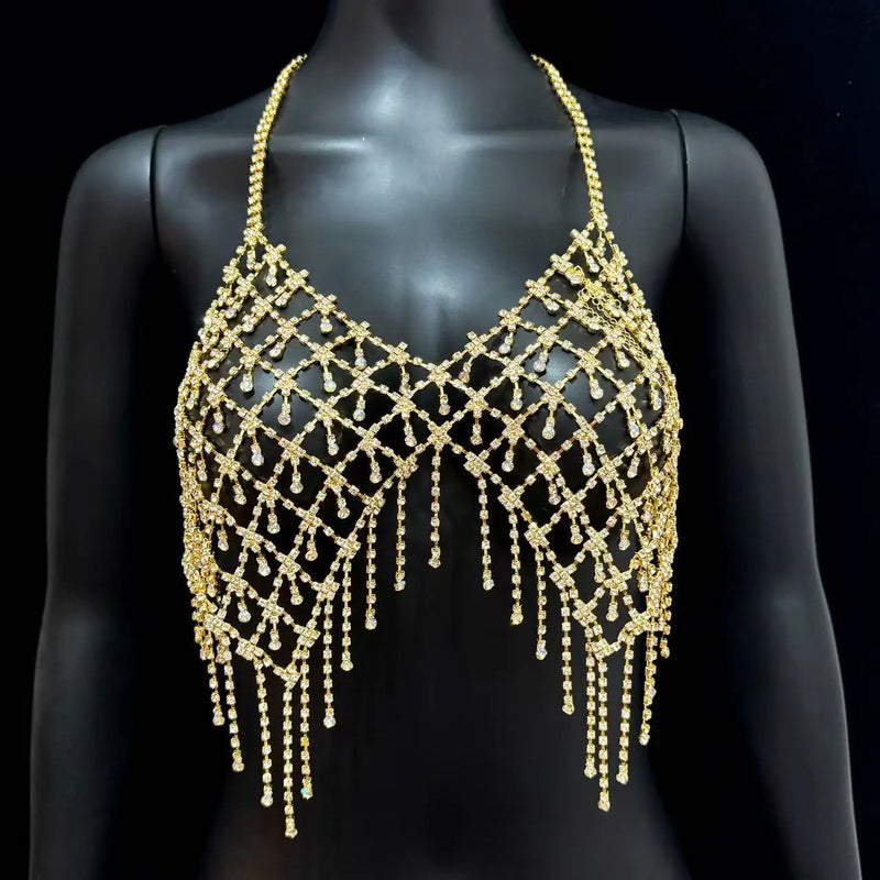 Beach Bikini Fringe Rhinestone Chest Chain, Women'S Luxurious Sparkling Crystal Body Chain, Erotic Lingerie Accessories