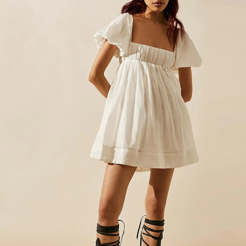 Women'S Summer Babydoll Short Dresses Solid Color Short Puff Sleeve Square Neck Cross Tie Back Dress