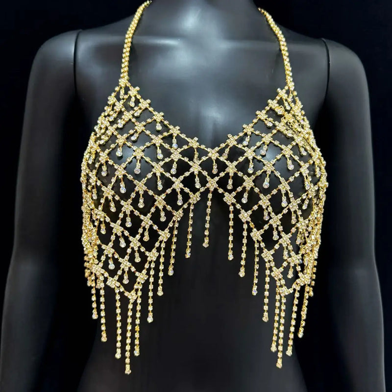 Beach Bikini Fringe Rhinestone Chest Chain, Women'S Luxurious Sparkling Crystal Body Chain, Erotic Lingerie Accessories