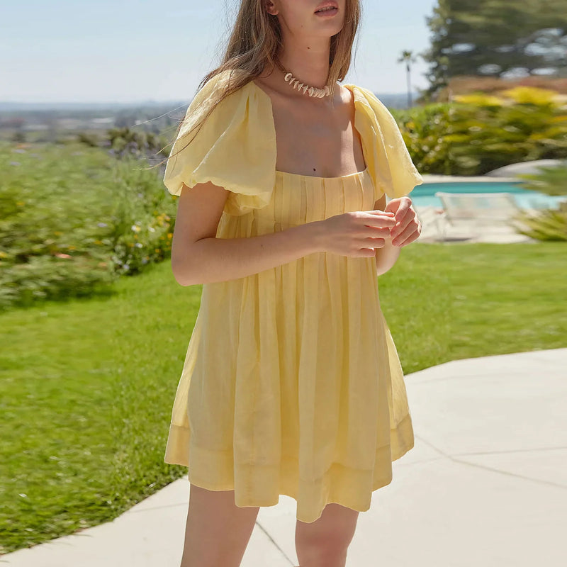 Women'S Summer Babydoll Short Dresses Solid Color Short Puff Sleeve Square Neck Cross Tie Back Dress