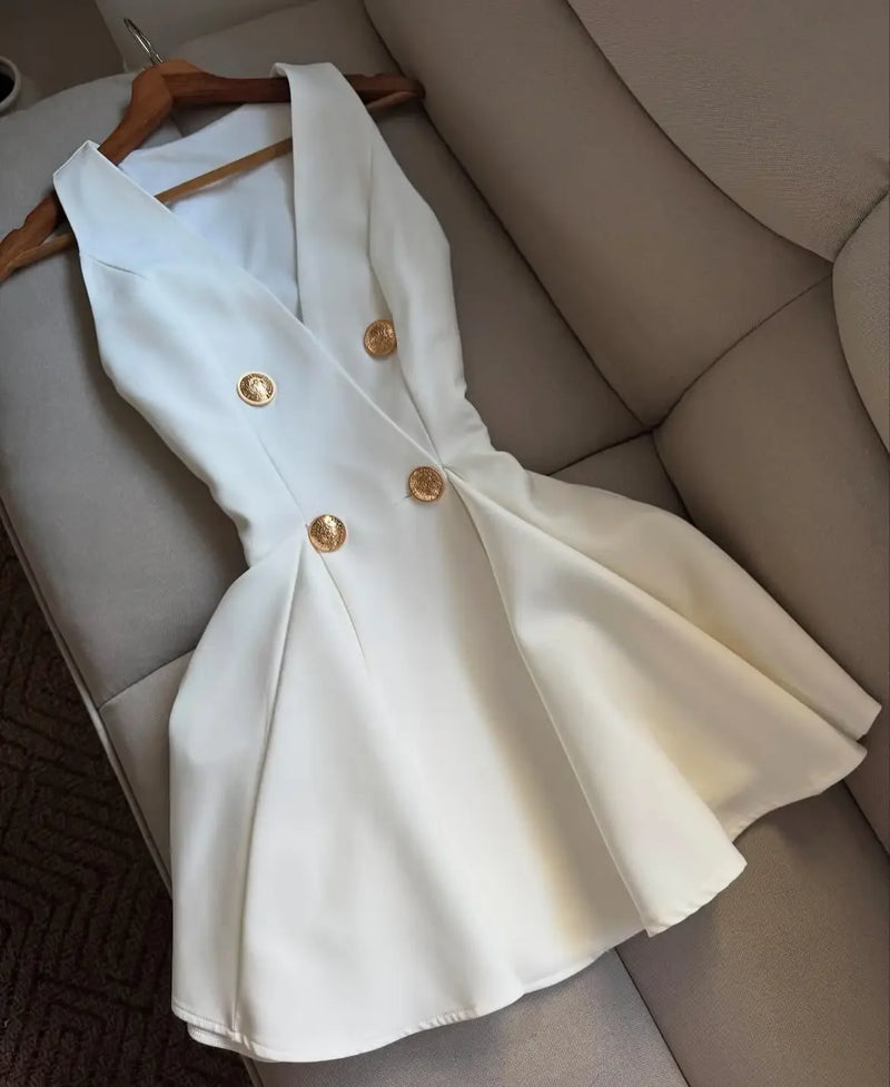 Women Elegant Sexy Deep V-Neck Luxury Slim Dress Black White Button Mini Short Dresses Satin Evening Dress Summer Pleated Skirt