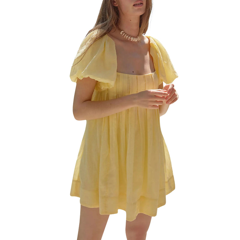 Women'S Summer Babydoll Short Dresses Solid Color Short Puff Sleeve Square Neck Cross Tie Back Dress