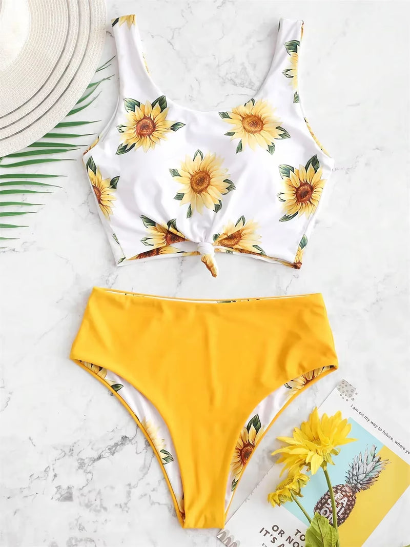 Sexy Sunflower Print Bikini Set 2025 Push up Crop Top Reversible Micro Swimwear Women Front Tie Bathing Suit High Waist Swimsuit