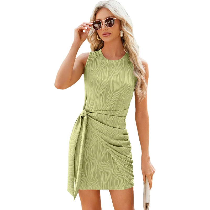 Women Summer Sleeveless Lace up Knitted Pleated Casual Short Dresses