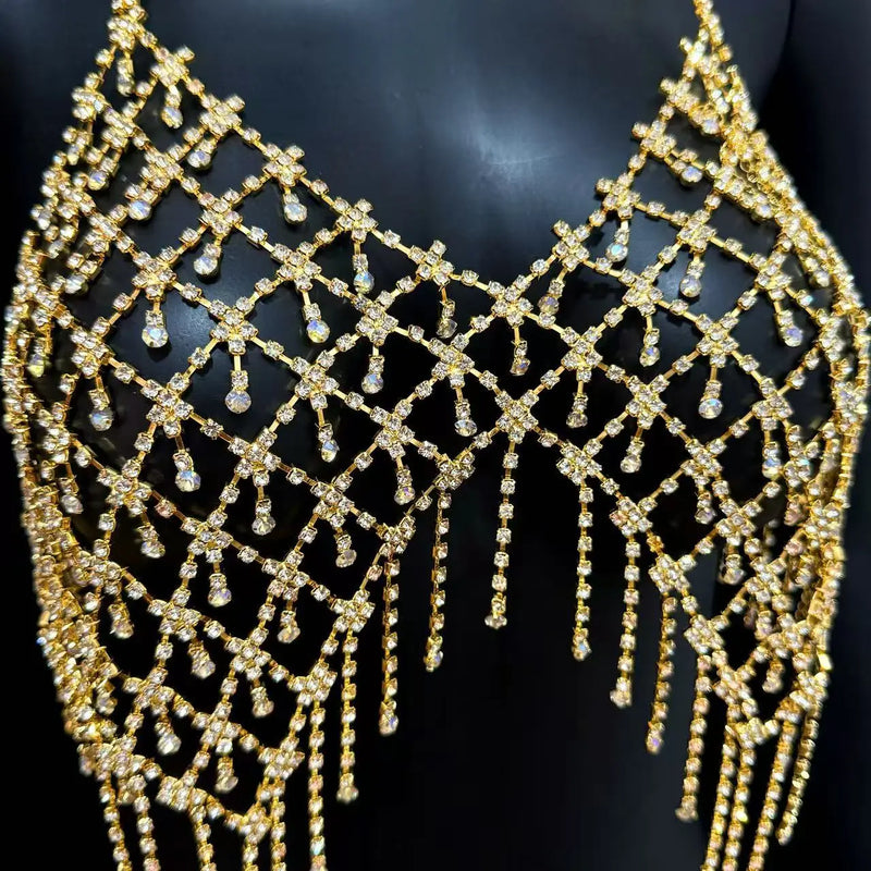 Beach Bikini Fringe Rhinestone Chest Chain, Women'S Luxurious Sparkling Crystal Body Chain, Erotic Lingerie Accessories