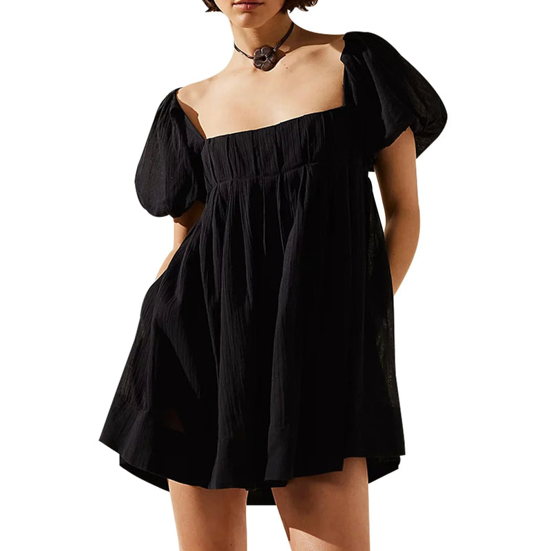Women'S Summer Babydoll Short Dresses Solid Color Short Puff Sleeve Square Neck Cross Tie Back Dress