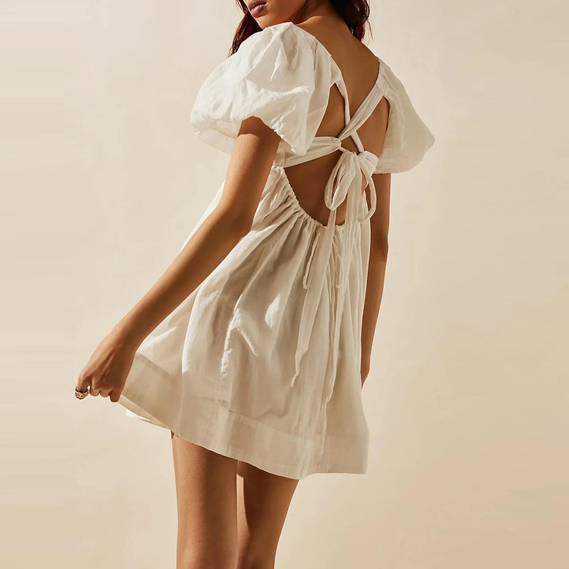 Women'S Summer Babydoll Short Dresses Solid Color Short Puff Sleeve Square Neck Cross Tie Back Dress