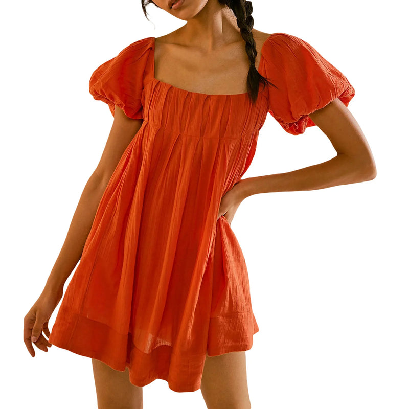 Women'S Summer Babydoll Short Dresses Solid Color Short Puff Sleeve Square Neck Cross Tie Back Dress