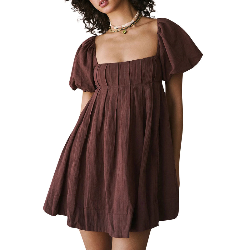 Women'S Summer Babydoll Short Dresses Solid Color Short Puff Sleeve Square Neck Cross Tie Back Dress