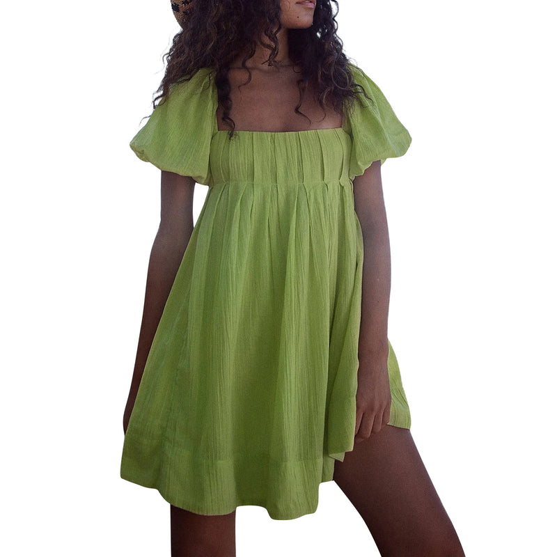 Women'S Summer Babydoll Short Dresses Solid Color Short Puff Sleeve Square Neck Cross Tie Back Dress
