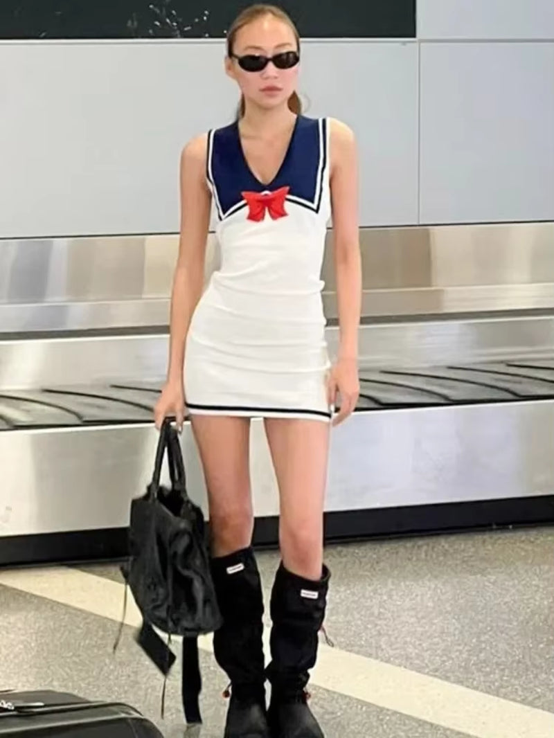 Summer New Fashion Blue White Streetwear One Piece Sleeveless Bow Short Dresses Casual round Neck Patchwork Dress for Women