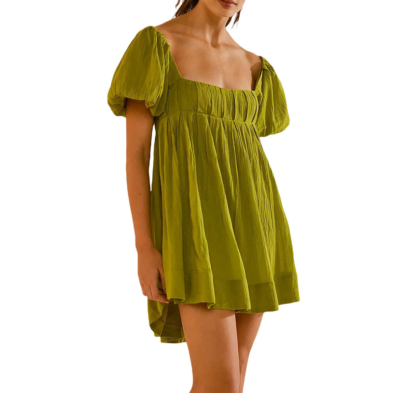 Women'S Summer Babydoll Short Dresses Solid Color Short Puff Sleeve Square Neck Cross Tie Back Dress