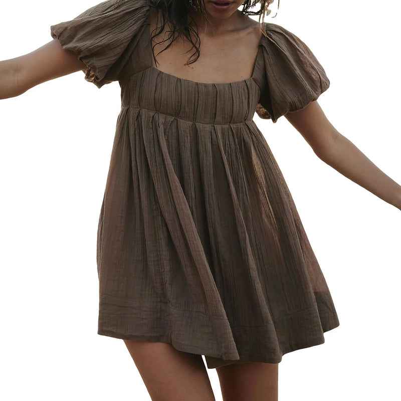Women'S Summer Babydoll Short Dresses Solid Color Short Puff Sleeve Square Neck Cross Tie Back Dress