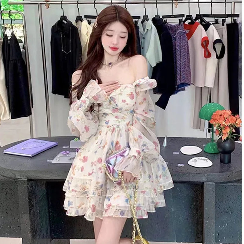 Women'S Dresses off Shoulder Floral Printed Long Sleeve Ruffles Party Mini Dresses Ruffle Slim Short Dresses Fairy Sweet