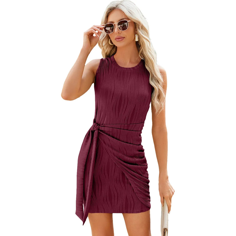 Women Summer Sleeveless Lace up Knitted Pleated Casual Short Dresses