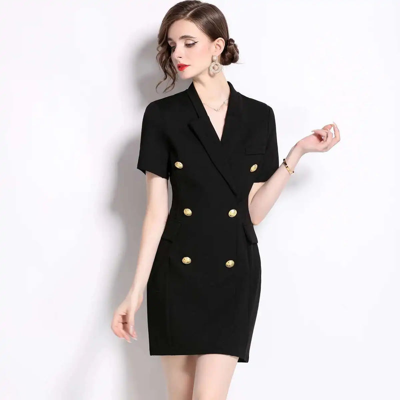 Fashion Summer Holiday Black Notched Blazer Dress Women Formal Occasions Double Breasted Short Dresses Office Lady
