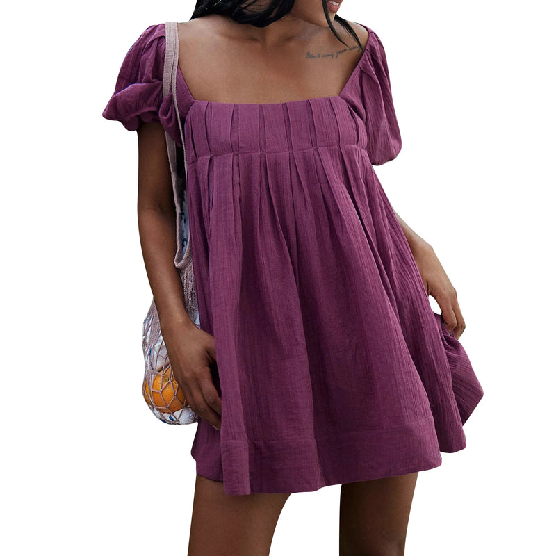 Women'S Summer Babydoll Short Dresses Solid Color Short Puff Sleeve Square Neck Cross Tie Back Dress