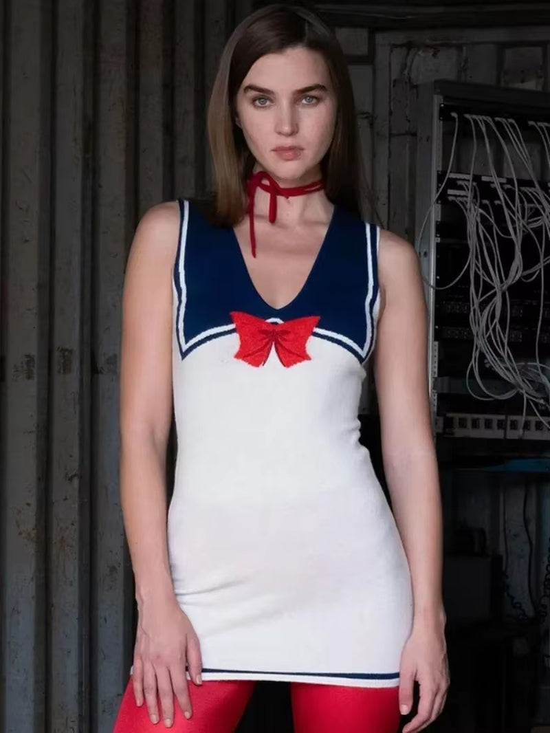 Summer New Fashion Blue White Streetwear One Piece Sleeveless Bow Short Dresses Casual round Neck Patchwork Dress for Women