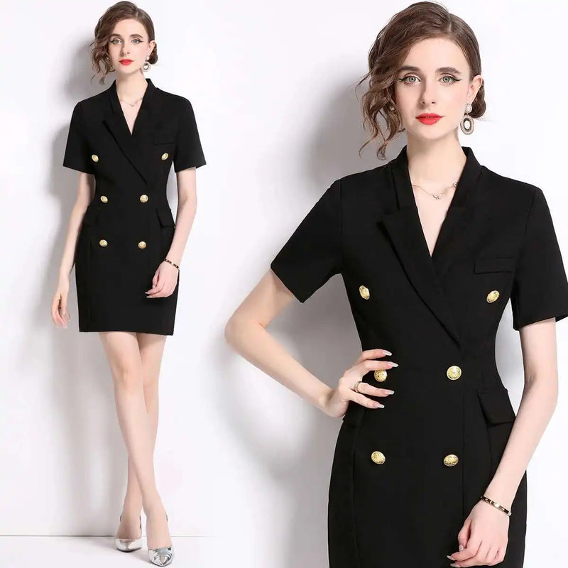 Fashion Summer Holiday Black Notched Blazer Dress Women Formal Occasions Double Breasted Short Dresses Office Lady