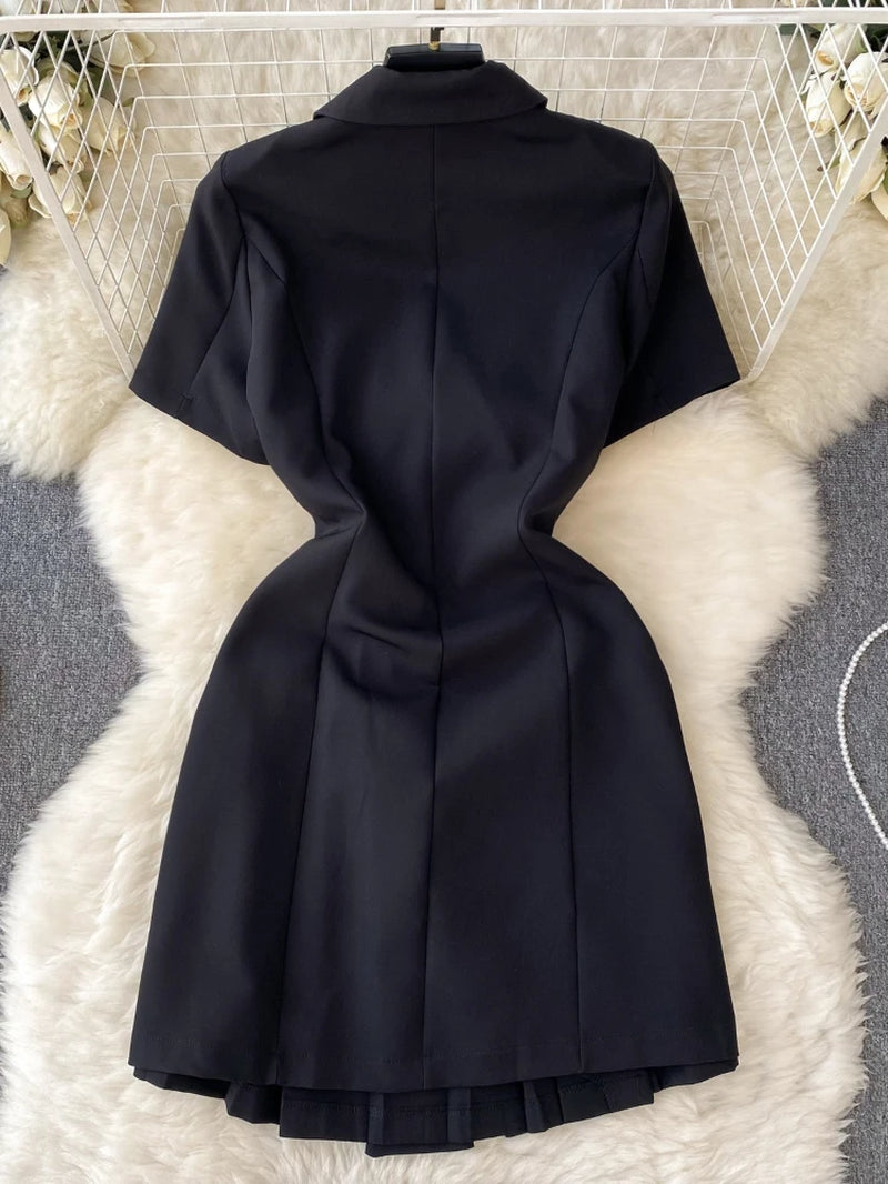 Retro Black Blazer Dress Women Lapel Short Sleeved Short Dresses Summer Casual Short Sleeve Slim Bandage Dress Vestidos