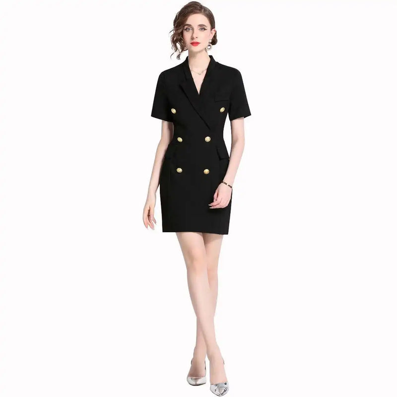 Fashion Summer Holiday Black Notched Blazer Dress Women Formal Occasions Double Breasted Short Dresses Office Lady