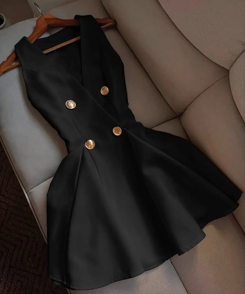 Women Elegant Sexy Deep V-Neck Luxury Slim Dress Black White Button Mini Short Dresses Satin Evening Dress Summer Pleated Skirt