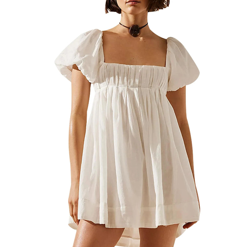 Women'S Summer Babydoll Short Dresses Solid Color Short Puff Sleeve Square Neck Cross Tie Back Dress