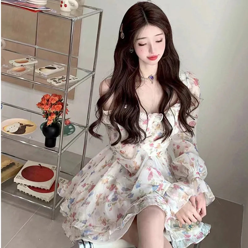 Women'S Dresses off Shoulder Floral Printed Long Sleeve Ruffles Party Mini Dresses Ruffle Slim Short Dresses Fairy Sweet